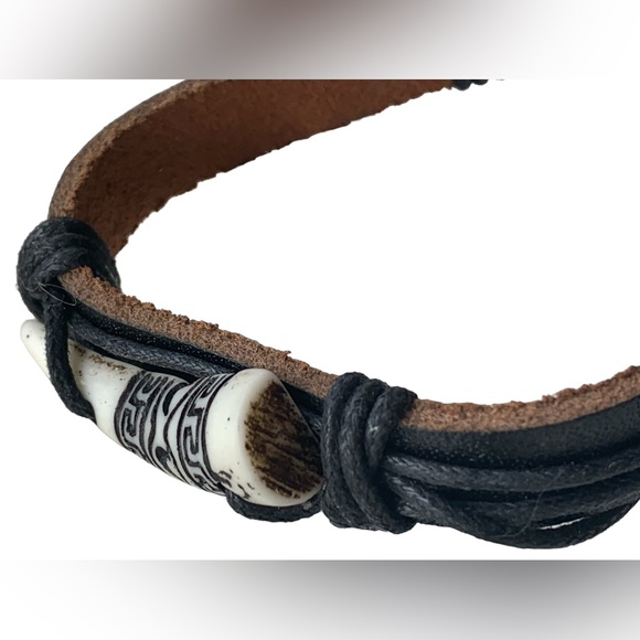 Tribal Black Leather & Cord Imitation Crocodile Tooth Mens Bracelet Jewelry - Picture 4 of 10